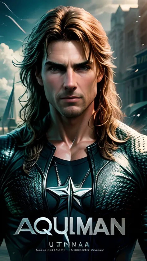 Movie poster design，Create the Tom Cruise character as Aquaman in ultra-realistic 8k realistic images