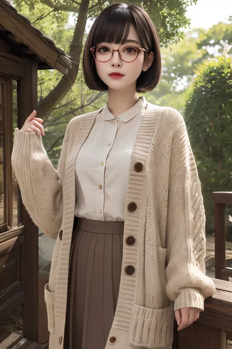 ultra-detailliert、top-quality、girl1、Masterpiece、Photo Real、photoRealstic　A dark-haired、short-hair、Hair bouncing outward、dishevled hair、Blunt bangs　Round glasses、Long skirt in red、Beige cardigan　View here　Background with、Tree House