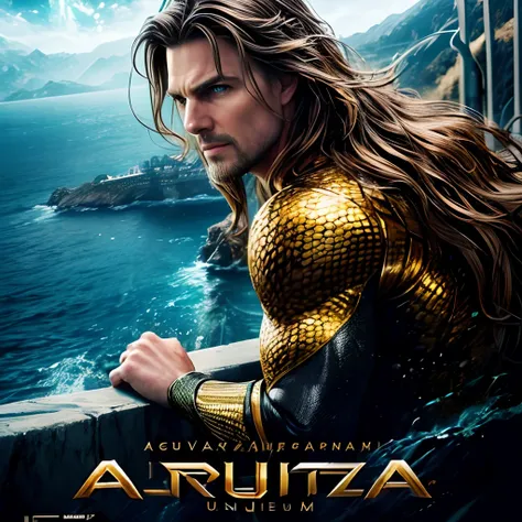 (Movie poster design:1.5)，Create the Tom Cruise character as Aquaman in ultra-realistic 8k realistic images，Brave Alcatraz，Popular movie posters，atmospheric scene，Eye-catching title，Creative Character Poster,Movie poster,Beautiful creative pictures,