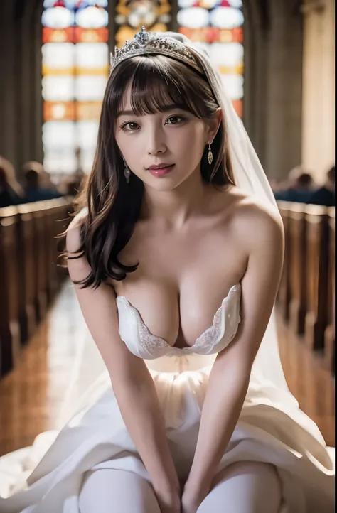 naked,full body like," figure, bride's outfit without shoulder straps,small silver tiara,colossal tits,sloppy and droopy breasts...