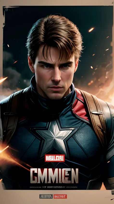 Movie poster design，Create Tom Cruise character as Captain America in ultra-realistic 8K real-life images