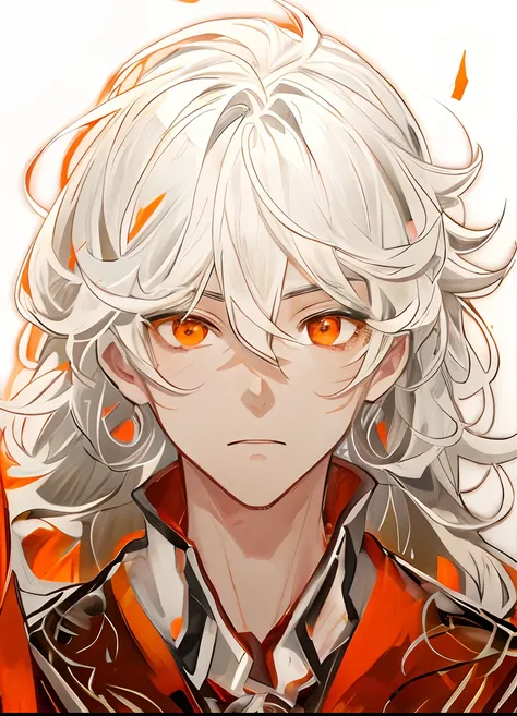 anime - style image of a man with white hair and red-orange eyes, white haired, detailed anime character art, wearing black robe with glowing red-orange patterns on it, anime character portrait, with glowing red-orange eyes, white haired deity, he had whit...