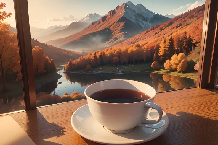 Good morning，1 cup of hot tea，Autumn morning，It was quiet，Beautiful and thought-provoking，Artistic painting，in a panoramic view，Faraway view