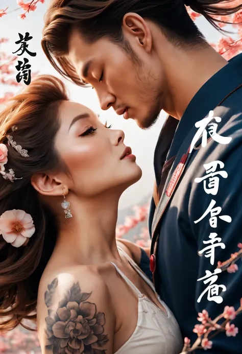 Romantic couple kissing in the wind，filmposter，poster for，charact，Huge eye-catching English text，English text，Close-up of English picture, A badge with white English letters, English title, English text Chinese characters, English word tattoos and decals, ...