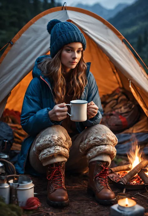 (8k, 16k, highest quality, highest resolution, beautiful 8k wallpaper, award winning, intricate details, ultra detail, anatomically correct, textured skin, masterpiece), girl camping, early morning, breakfast, Mug of hot tea, real steam visible, holding th...