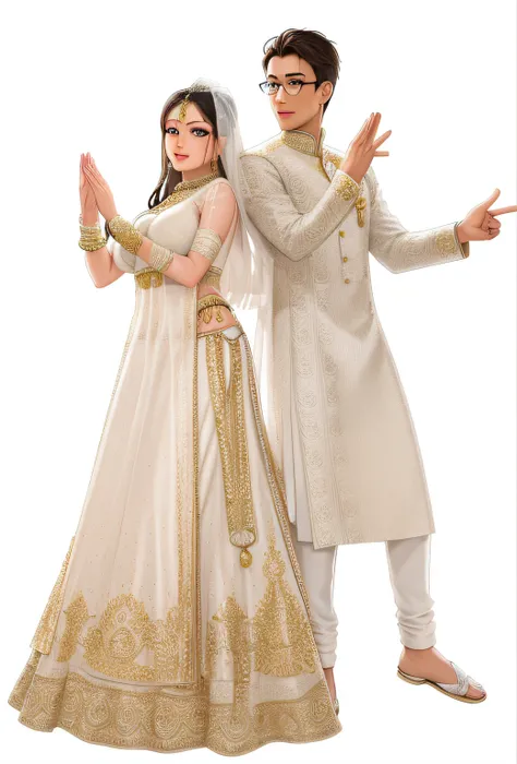 bride and groom in traditional indian attire posing for a picture, movie promotional image, promo image, full body in shot, ad image, without background, traditional clothing, bollywood, promotional image, full image, promotional picture, traditional cloth...