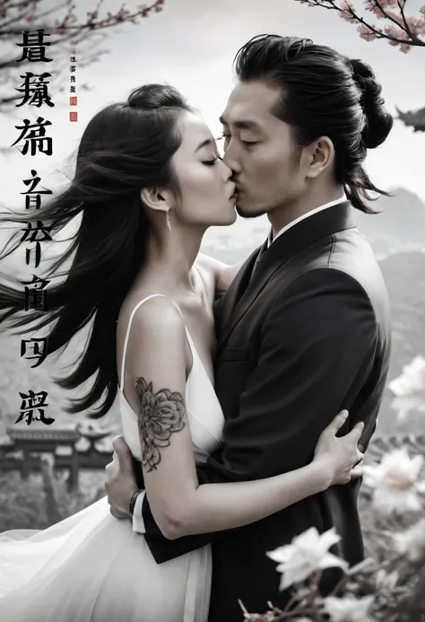 Romantic couple kissing in the wind，filmposter，poster for，charact，Huge eye-catching Chinese text，English text，Close-up of black and white picture in English, A badge with white English letters, English title, English text Chinese characters, English word t...