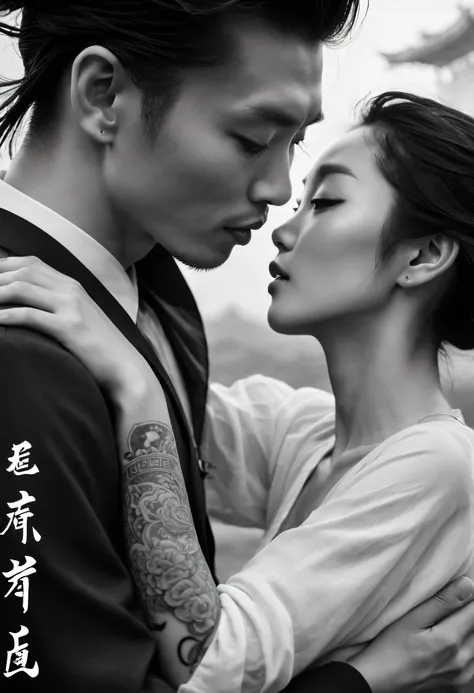 Romantic couple kissing in the wind，filmposter，poster for，charact，Huge eye-catching Chinese text，English text，Close-up of black and white picture in English, A badge with white English letters, English title, English text Chinese characters, English word t...