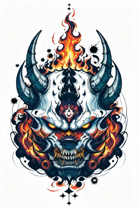 Fire Flame Effect Fine Tattooed White Background Rich in color，The armored demon opened its mouth and roared ，The special effects of demons colorful ghosts and fires create a logo，tmasterpiece