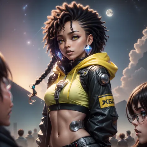 8k, best quality, highres, solo, deep ebony 1girl, beautiful face, {{ box braids / afro / braided hair / curly hair }}, black lips, a female character is wearing a yellow and black colored outfit with a backpack and a yellow hoodie jacket, dark black and y...