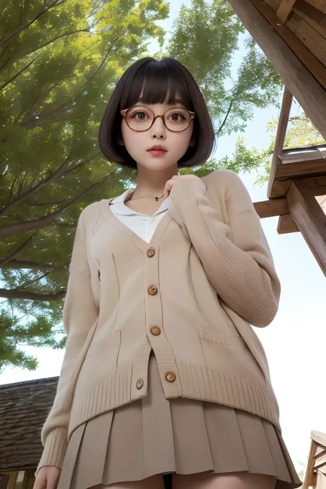 ultra-detailliert、top-quality、girl1、Masterpiece、View looking up from directly below　A dark-haired、short-hair、Blunt bangs　Round glasses、Red skirt、In the skirt、Pull up your panties、Beige cardigan　Soft thighs　Background with、Tree House