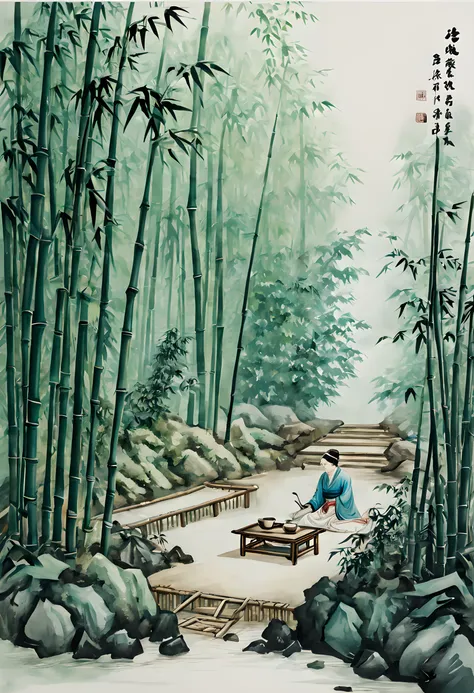 (Tea:1.5), (ink and watercolor painting:1.5), (Tasteful:1.5), (ink and watercolor painting:1.5), (full color:1.5), 8k, 4k, (landscapes:1.5), (tea time:1.5), (Bamboo bush:1.5), (The Tea Ceremony of the Immortals:1.5),