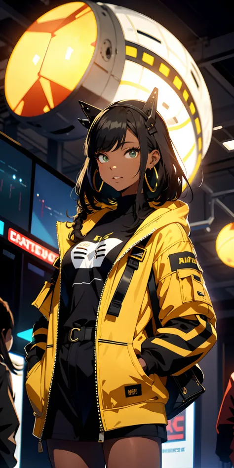 best quality, highres, solo, deep ebony 1girl, beautiful face, box braids, black lips, a female character is wearing a yellow and black colored outfit with a backpack and a yellow hoody jacket, dark black and yellow, sports leisure, green eyes, long hair, ...