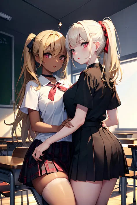 (2 Girls:1.5), (Hug:1.3), high school girls, smile, BRAKE, (masterpiece face, masterpiece eyes), ((One person has dark skin and blonde ponytail, one side up:1.3), (One person has white skin and long black hair:1.3)), BREAK, (long eyelashes, red lips), BRAK...