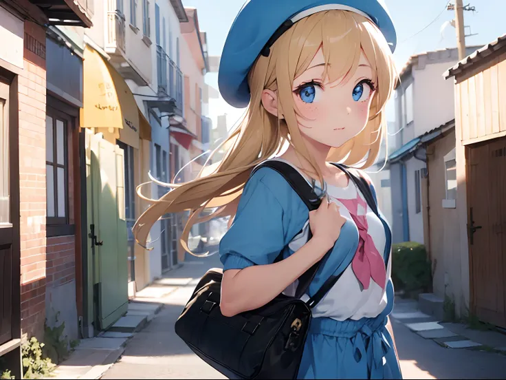 Mid back length blonde french 13 year old girl with bright blue eyes and baby blue beret freckles messenger bag camera over chest