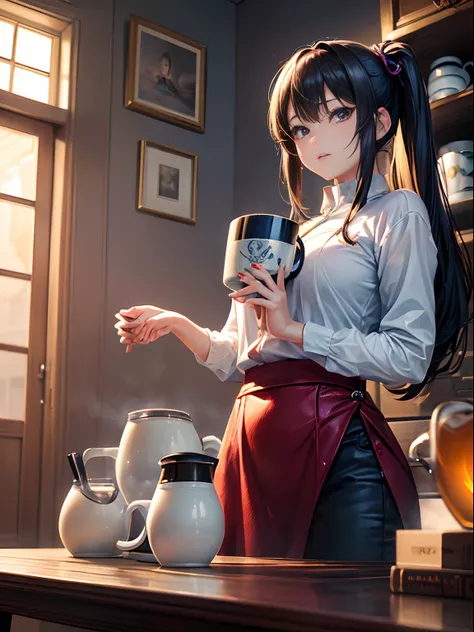 ((Finest quality)),(超A high resolution),(ultra-detailliert),((Best Anime)),sharpnes,Vivid:1.1,The art of astounding depiction, (1 adult female),mug cup:1.3,((Holding the mug with both hands:1.5)),Her room:1.3