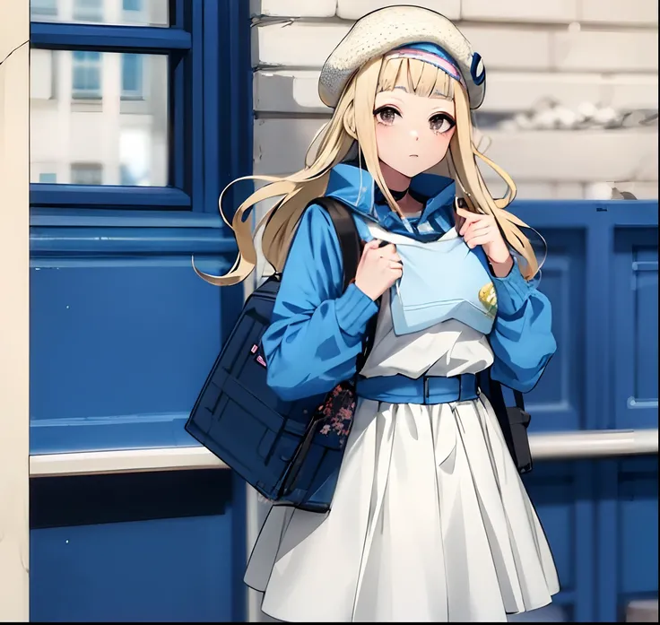 anime girl with backpack and backpack standing in front of a building, anime visual of a cute girl, style anime, beautiful anime high school girl, in anime style, cute anime girl, cute anime style, blonde anime girl with long hair, in an anime style, high ...