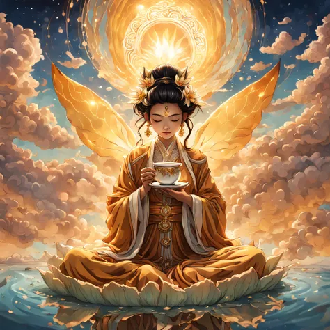 A being, radiating warmth and wisdom, gently sips hot tea from a delicate cup, in a flying lotus. As the lotus floats gracefully in the ethereal sky, the golden hues of the setting sun create a mesmerizing, psychedelic atmosphere. Dressed in flowing, opule...