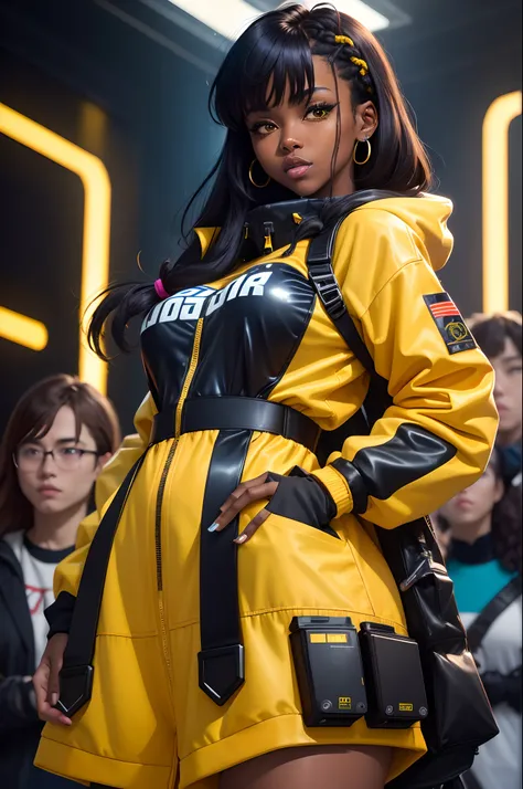 solo, deep ebony 1girl, black girl, beautiful face, {{ braided hair }}, black lips, a female character is wearing a yellow and black colored outfit with a backpack and a yellow hoodie jacket, dark black and yellow, sports leisure, green eyes, long hair, di...