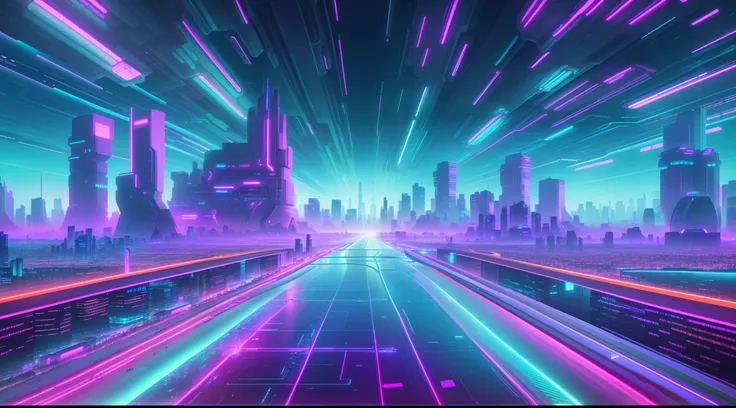 View of the city，Long lines of traffic pass through it, futuristic city street, futuristic street, Photo of futuristic cityscape, cybernetic city background, futuristic urban background, neon megacity in the background, Futuristic city background, futurist...