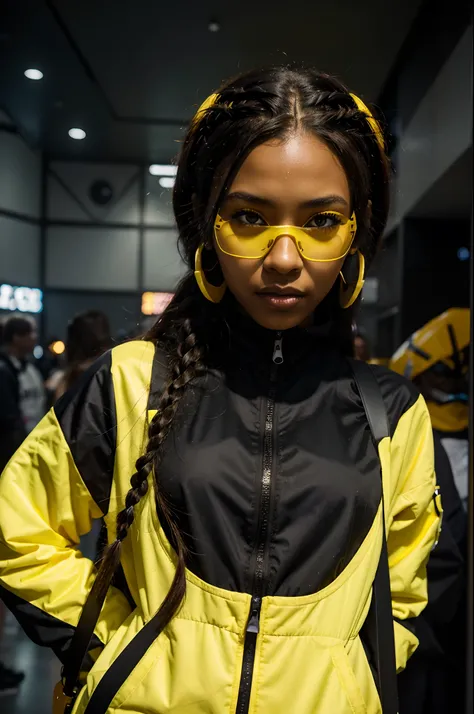 solo, deep ebony 1girl, black girl, beautiful face, {{ braided hair }}, black lips, a female character is wearing a yellow and black colored outfit with a backpack and a yellow hoodie jacket, black, yellow and white sports leisure, yellow goggles, clear le...