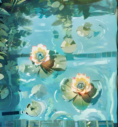 There are water lily leaves in the pool, ponds, In the pond, Water light caustics, Pools, There are fish swimming，top - down photograph, parks, Overhead shot, pools of water , top down shot, On a sunny day, floating object