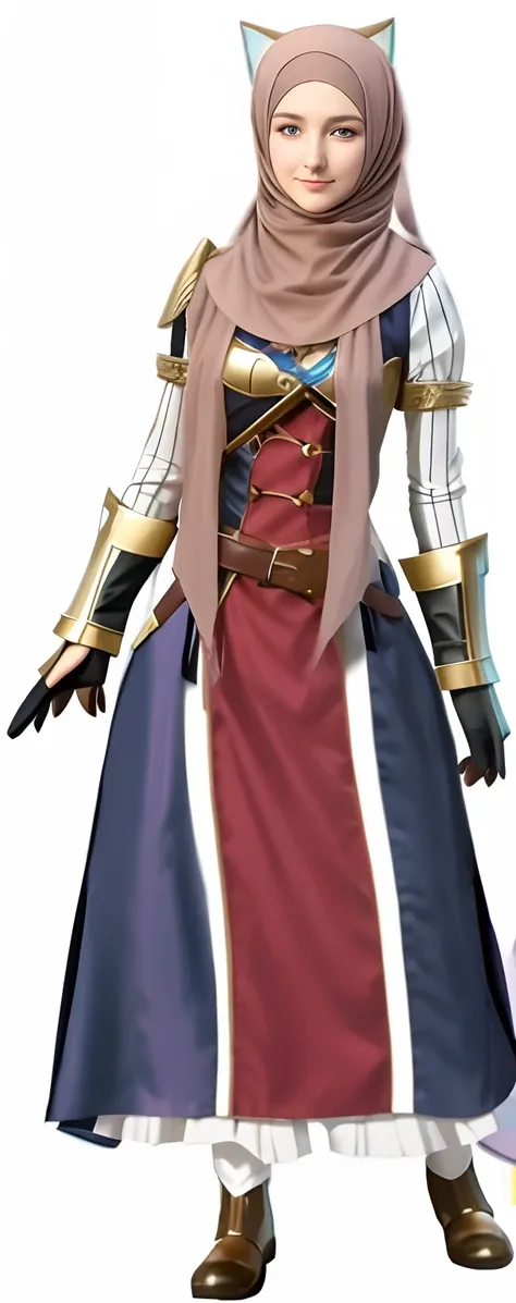 a close up of a hijab girl in a costume with a cat head, full body concept, edelgard from fire emblem, new costume concept design, inspired by Li Chevalier, full body with costume, concept art of comiket cosplay, lucina from fire emblem, female cleric, sao...