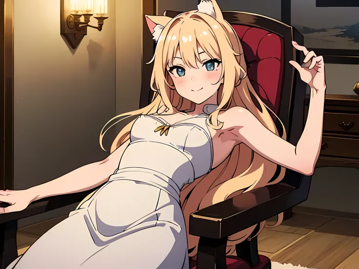 1 girl (cat eared, without human ears), beautiful eyes finely detailed, (light orange, long hair), tipsy smile, blush on her face, white dress, lie down in chair, laying her back on the chair, middle ages style bedroom, (half body:0.6), anime best girl, ma...