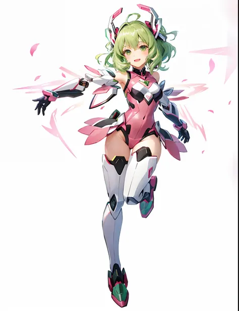 1girl, a close up of an anime girl with green medium hair and pink outfit running, smiling, android heroine, vivid color.digital 2d, anime manga robot!! anime girl, fully robotic!! girl, nanogirlv 2, cushart kenz, symphogear, fully robotic!! catgirl, mikud...