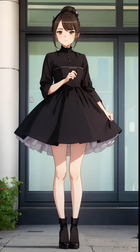 girl，standing on your feet，Full body photo，Formal dresses，Over-the-knee long skirt，longer sleeves，Open your mouth to speak，scowling，Black ponytail，with brown eye，looking at viewert，Look ahead