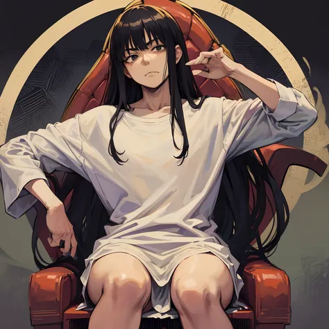 style of junji ito　fullnude　frontage　Ugly middle-aged man　The long-haired　Sit on the throne with a hu seat　Profanity background