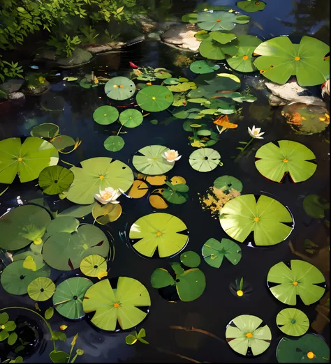 (Masterpiece:1.2), Best quality,fantasy,
scenery, From above, water, No Man, flower, lily pad, The fish，Outdoors, rock music, food，top - down photograph，Overhead shot, top down shot，View of the pond from above