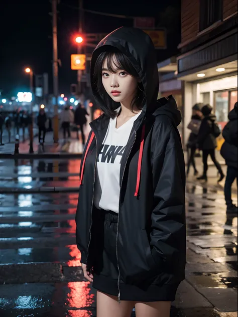 1female, jacket, standing, upper body, hood on, rain, street, looking at viewer, raw photo, best quality, masterpiece