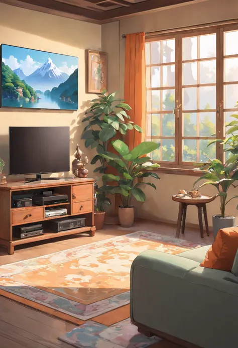 Home living room, Maximalism, tv set, TV cabinet，It was snowing outside the windows，Prompts can be generated as follows: "(Best quality,4K,8K,A high resolution,Masterpiece:1.2),Ultra-detailed,(Realistic,Photorealistic,photo-realistic:1.37),liveroom,Inside ...