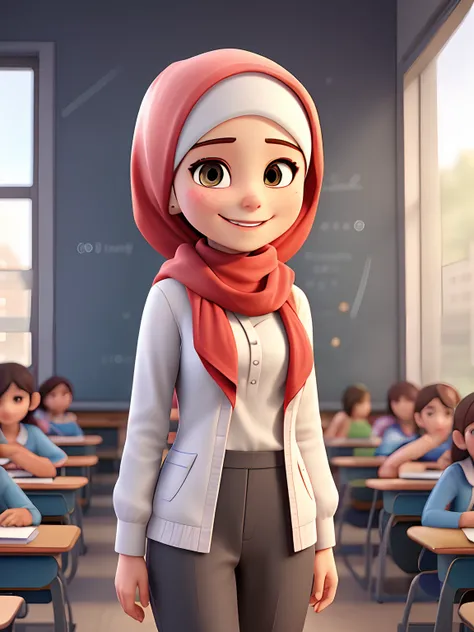 HD picture of a teacher, happy face, wears hijab, wears white uniform, classroom background, hdr, volumetric lighting, (raytracing), intricate details, (masterpiece), soft diffused lighting, (best quality)