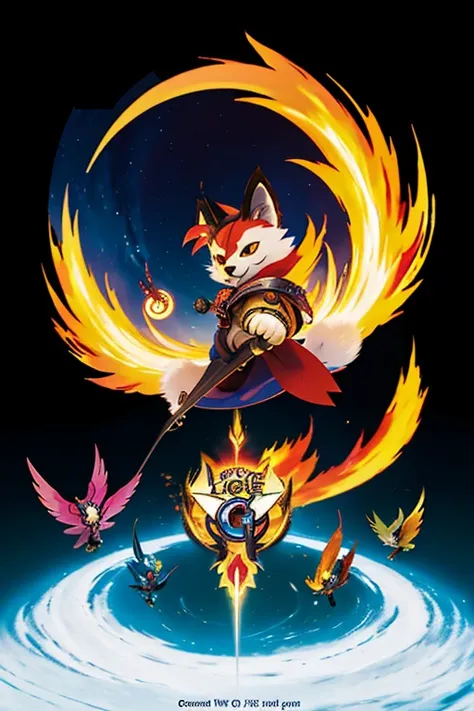 Anime characters fly through the air with cats and dogs, fox from league of legends chibi, background-image, character art of maple story, Banner, side scroller, key art, hero 2 d fanart artsation, Genshin, promotional art, offcial art, kitsune holding tor...