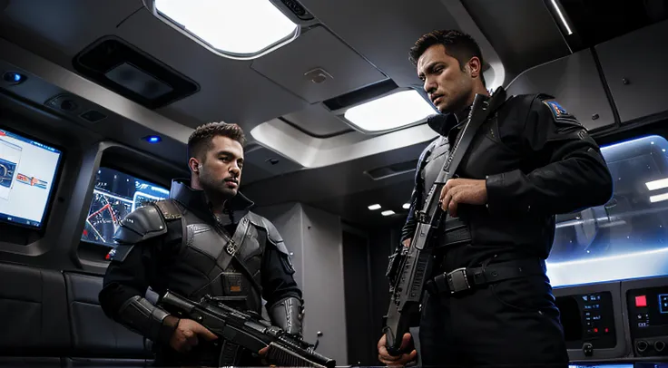 men gearing up with weapons in a spaceship