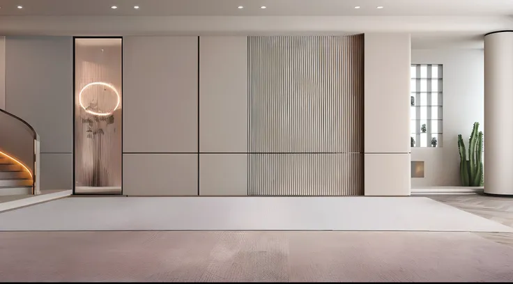 There is a large room with a staircase and a large mirror, smooth panelling, elegant wardrobe, inspired by David Chipperfield, minimal modern, elegant futuristic wardrobe, Modern studio light pastel colors, paneled walls, eora, Showcase, wall ], personal r...