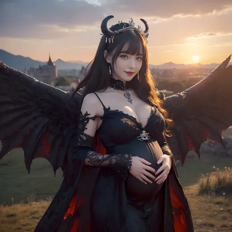 ((masutepiece、top-quality、Award-Winning Works、Highly detailed and elaborate textures、The most complex and detailed textures、The most complex and detailed textures of wings and horns、Super High Detail))、((A very beautiful demon queen,Pregnancy,slightly bulg...