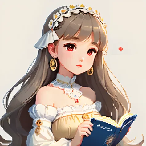 I was wearing an antique dress,large earring、Antique dress consisting of pale blue, brown and beige、Girl with dull grey long S-shaped curls、Look back and look at this.、Pixel art、Pixel Art Illustration、pixels、Plain background、Upper body、For icons、pixels_Art...