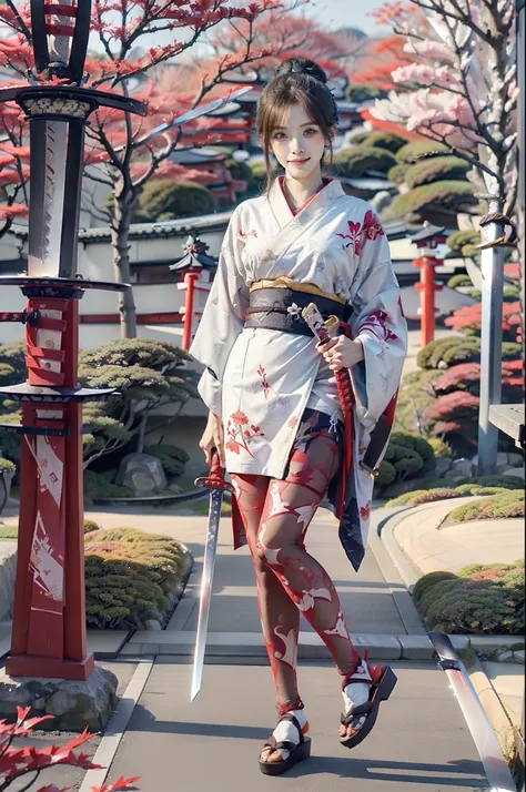 (Full body:1.5)，(((1girl in)):1.3),(view the viewer:1.4)，((anatomy correct):1.45),((tabi):1.2),(Feet to the viewer:1.15),(A smile:1.15)，(red kimono with floral print:1.2),((((((Patterned))))) ,(pantyhose):1.3),(Feet that take up the entire screen:1.1)，(Acc...