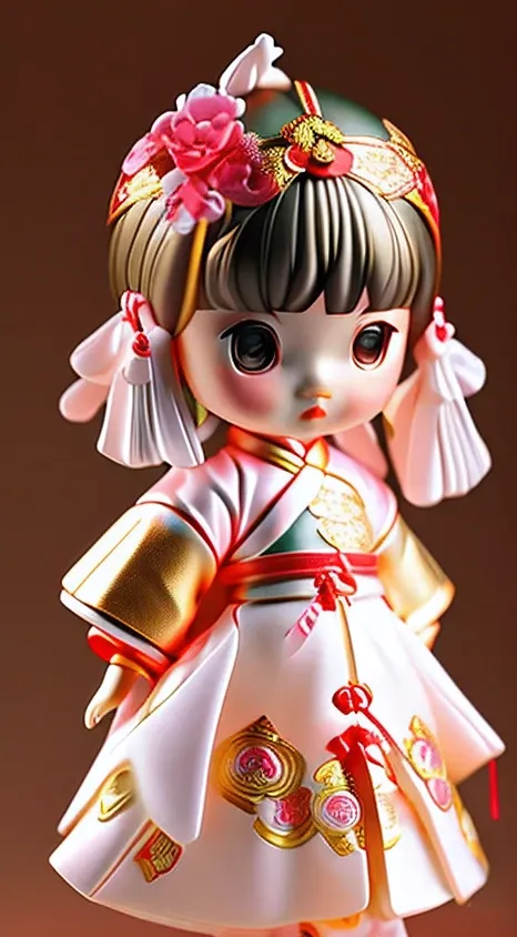 IP image design，full bodyesbian，rich colours，cute female child，ChineseGirl，White cheongsam costume，vivd colour，Chinese elements，Complicated details，clean backdrop，blindbox，Models，a blind box toy，Fine gloss，clean backdrop，3Drenderingof，OC Render，Best Pictur...