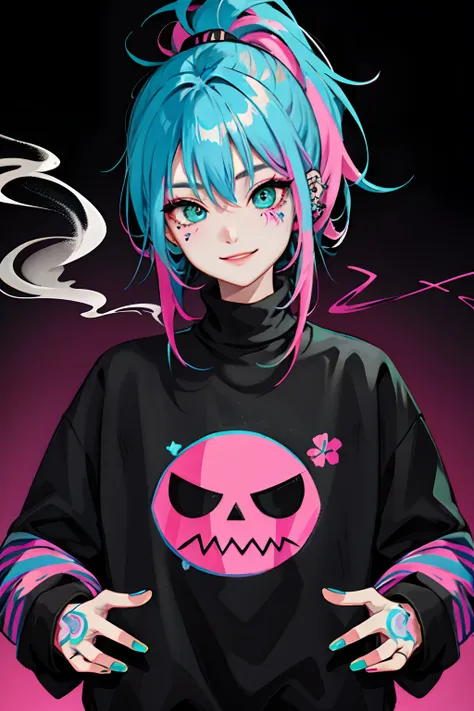 kpop girl with rizz smile face, bad ass, black,neon cyan pink hair, tattoos on hands and neck, piercing, black mixed green striped sweater, cool badass pose, smoke background, colorful smoke background