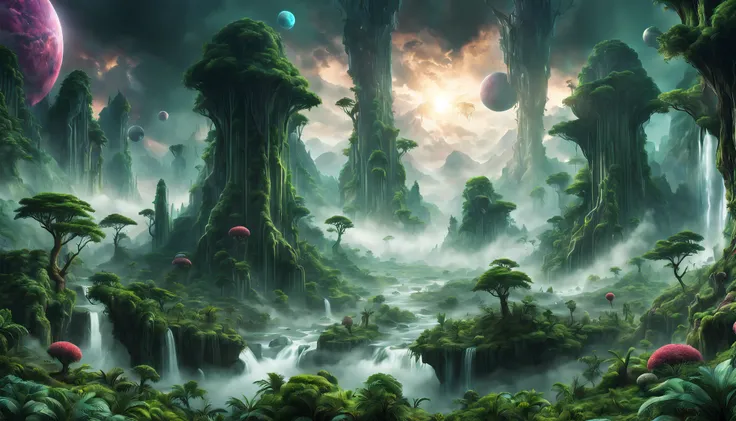 8k, photorealistic, fantasy art, beautiful and verdant forest on an alien planet, beautiful colours, floating spheres, colourful stormy sky, endless forests, endless mountains, vast waterfalls, mists, hdr, ultra detail