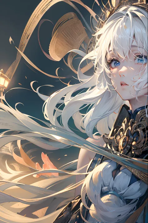 (Masterpiece, Best quality: 1.2),White color hair，Charming maiden，Dreamy，sea beach，lamplight，Deep eyes，Epic，quadratic element，starlights，Wallpapers，Background with --auto --s2