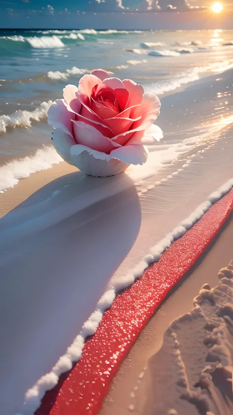 Exquisite scenes，depth of fields，8K，The ivory sky，White clouds，The sun shines on the snow-white sand。The coral sea，There are many small colorful shells on the beach，Red rose，Rose flower，Sexy beauty