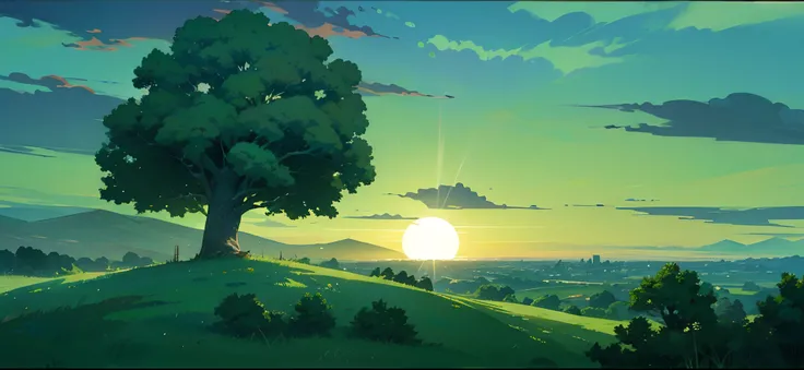 simple coloring, line art, tree on a hill with a sunrise in the background, concept art by Miyazaki, anime landscape, anime beautiful peace scene, beautiful anime scenery, anime scenery, anime background art, studio ghibli style, sunlight, scenery artwork,...