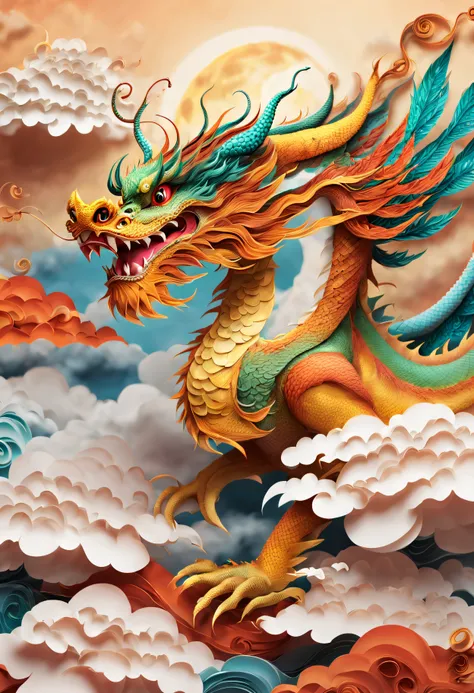 cute deformed dragon、flying above the clouds、laughing、papercut、perfect litthing、high-detail、high-level image quality、high color ...