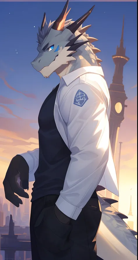 Solo, Male, Gray Furry Dragon, Gray Medium Hair, Blue Eyes, Muscular, Cool Pose, Good Looking, Handsome.