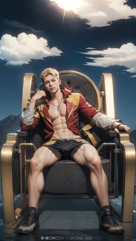 (max resolution: 1.2), (Ultra HDTV: 1.2), 8K resolution, Eye and skin details, detailed facial features, , (Sharp focus: 1.2), (Focus focus) facial expressions: 1.2), 1 Guy, Sitting, Blonde, Showing chest muscles, 8 Pack, (No shirt), (((Black briefs)))